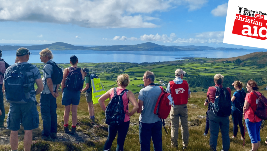 Christian Aid supporters on a sunny day admiring the views from the Sheep's Head Hike